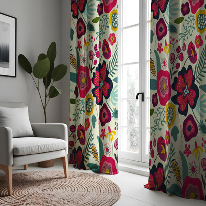 Bold Floral Curtains, Vibrant Pink & Navy Botanical Print Drapes