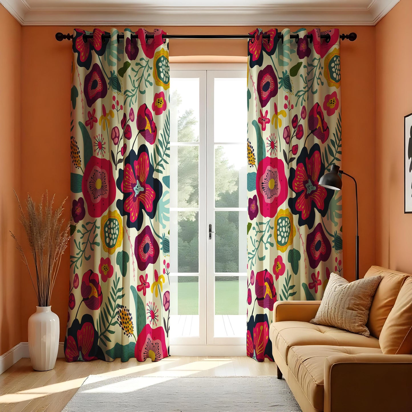 Bold Floral Curtains, Vibrant Pink & Navy Botanical Print Drapes