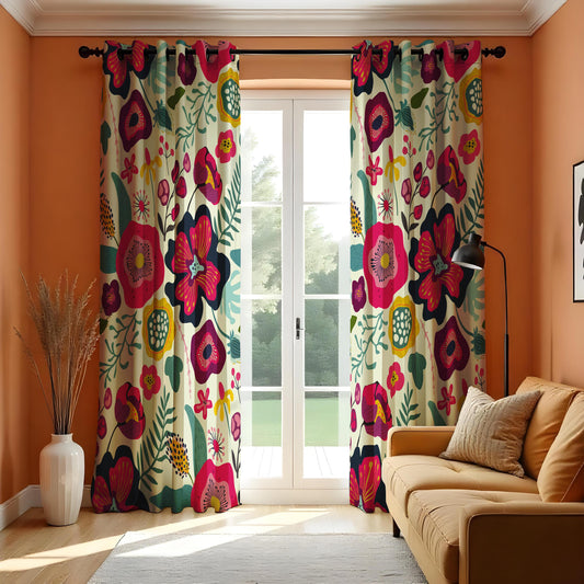 Bold Floral Curtains, Vibrant Pink & Navy Botanical Print Drapes