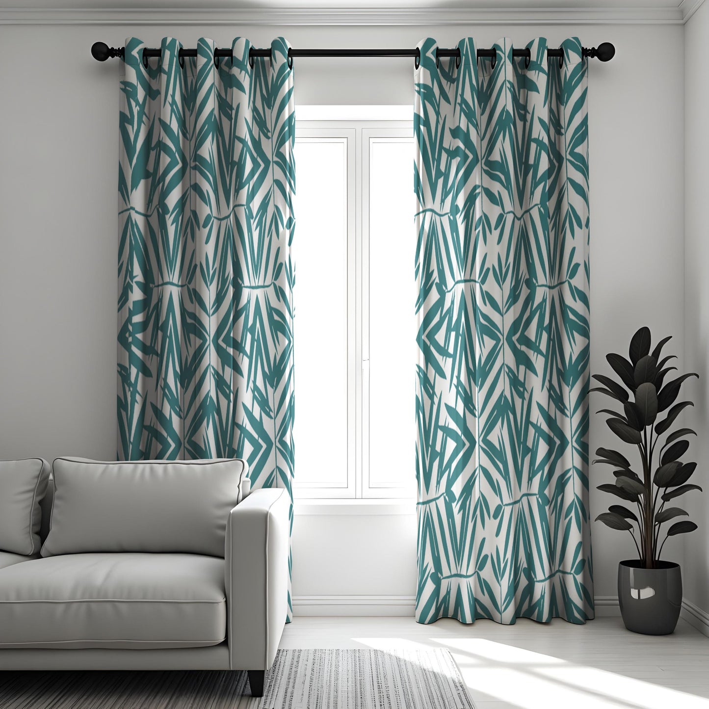 Modern Geometric Bamboo Curtains, Teal & White Minimalist Drapes