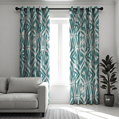 Modern Geometric Bamboo Curtains, Teal & White Minimalist Drapes