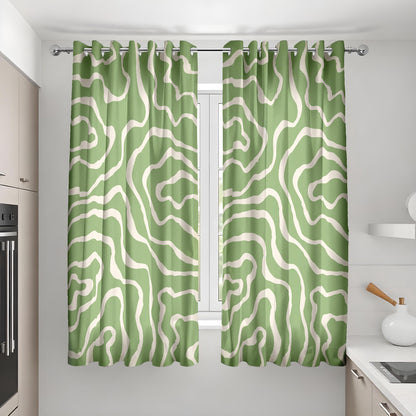 Abstract Topographic Curtains, Green & White Wavy Line Window Drapes