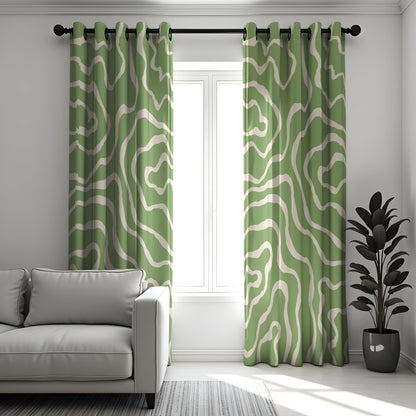 Abstract Topographic Curtains, Green & White Wavy Line Window Drapes