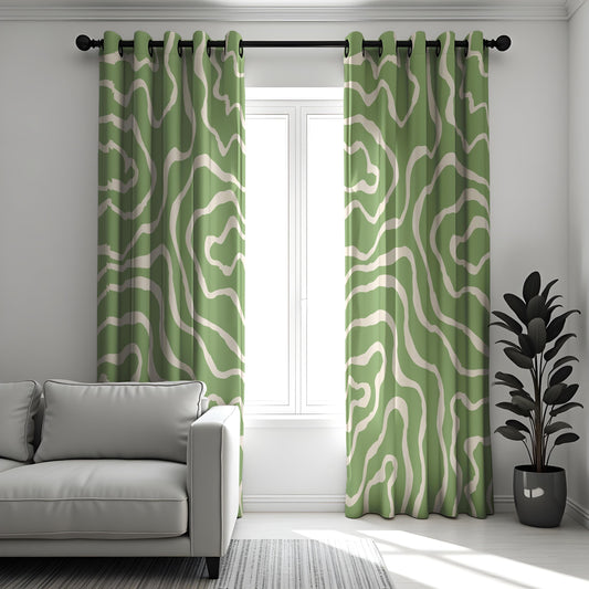 Abstract Topographic Curtains, Green & White Wavy Line Window Drapes