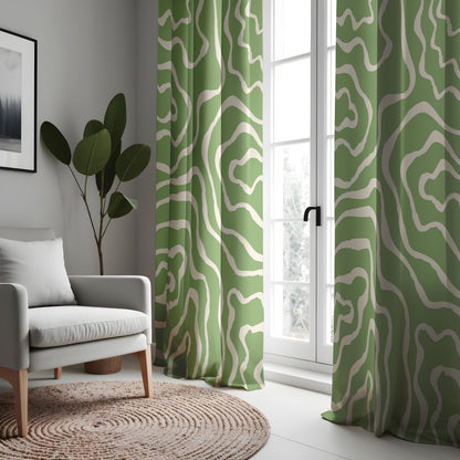 Abstract Topographic Curtains, Green & White Wavy Line Window Drapes