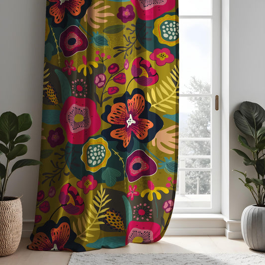 Dark Boho Floral Curtains, Mustard Yellow & Pink Botanical Drapes