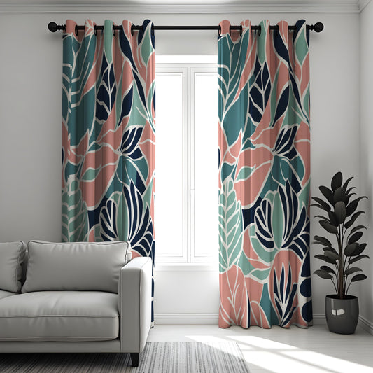 Tropical Leaf Print Eyelet Curtains,Teal Botanical Drapes