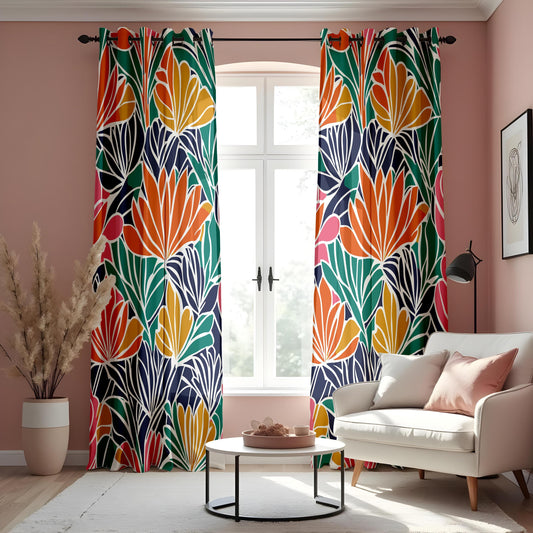 Colorful Tropical Leaf Curtains, Bold Floral Print Drapes