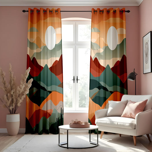 Boho Mountain Landscape Curtains, Warm Earth Tones Sunset Drapes