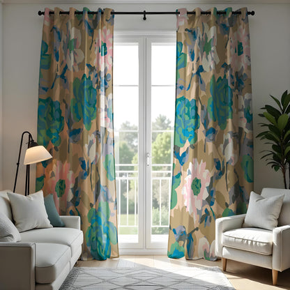 Abstract Floral Curtains, Earthy Tones&Teal Watercolor Peony Drapes