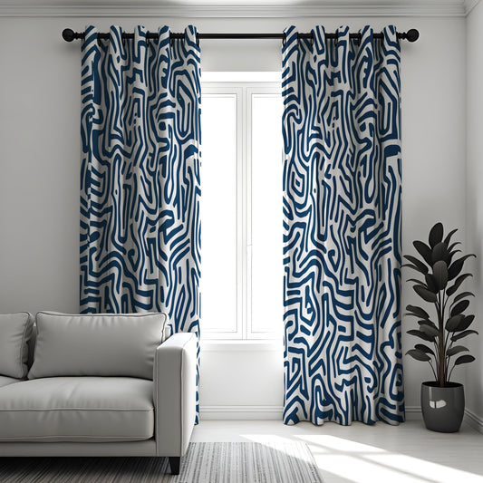 Modern Abstract Maze Curtains, Navy Blue & White Geometric Drapes