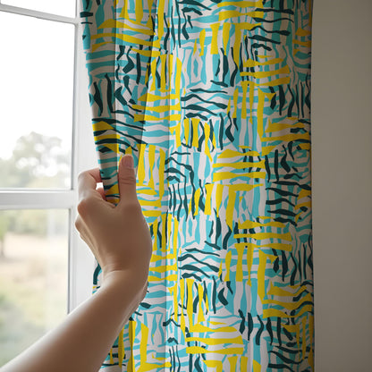 Abstract Geometric Curtains, Yellow & Teal Brushstroke Pattern Drapes