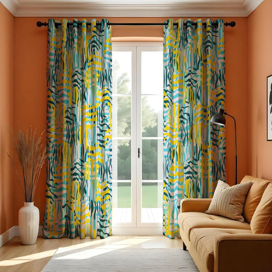 Abstract Geometric Curtains, Yellow & Teal Brushstroke Pattern Drapes