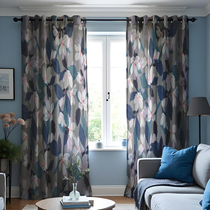 Floral Eyelet Curtains, Grey & Navy Blue Botanical Print Drapes