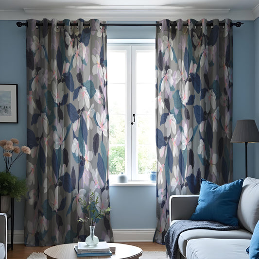 Floral Eyelet Curtains, Grey & Navy Blue Botanical Print Drapes