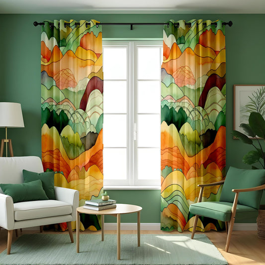 Watercolor Mountain Landscape Curtains, Warm Earth Tone Scenic Drapes