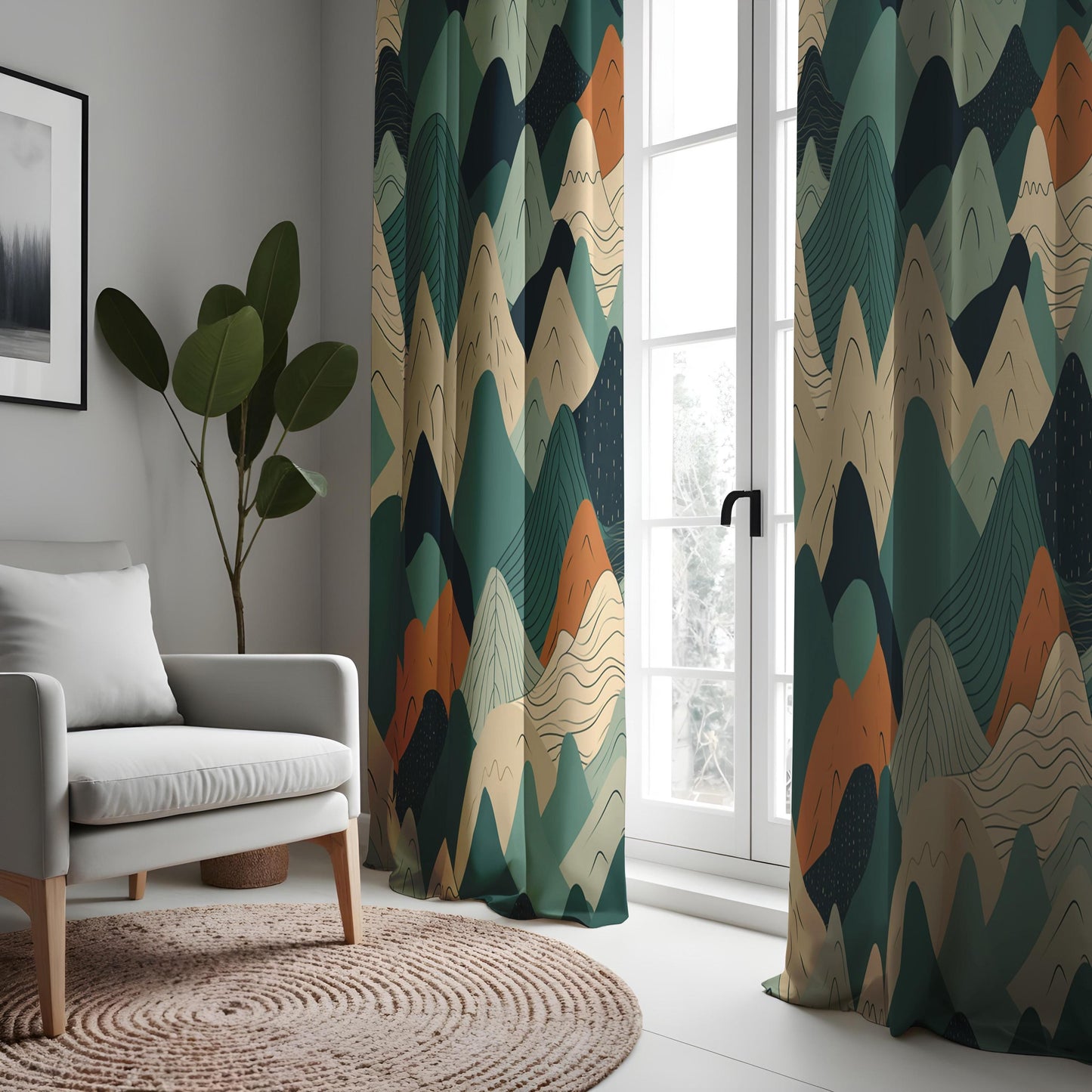 Abstract Mountain Landscape Curtains, Green & Terracotta Scenic Drapes
