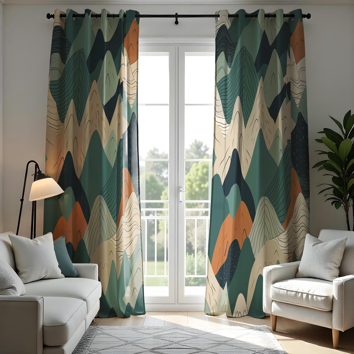 Abstract Mountain Landscape Curtains, Green & Terracotta Scenic Drapes