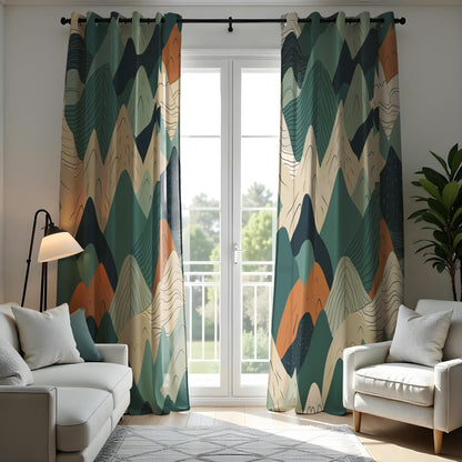 Abstract Mountain Landscape Curtains, Green & Terracotta Scenic Drapes