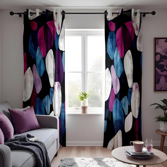 Modern Abstract Stone Curtains, Bold Purple & Black Geometric Drapes