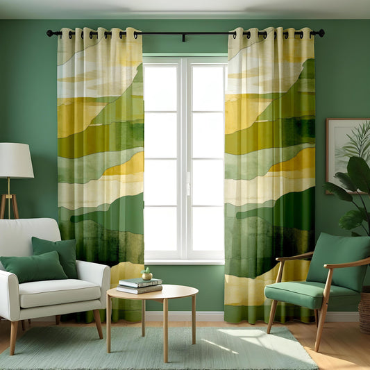 Watercolor Mountain Landscape Curtains, Green & Yellow Earthy Tones