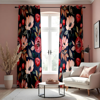 Watercolor Floral Curtains, Navy Blue & Red Romantic Rose Print Drapes