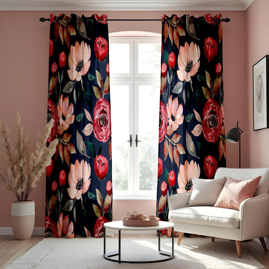 Watercolor Floral Curtains, Navy Blue & Red Romantic Rose Print Drapes