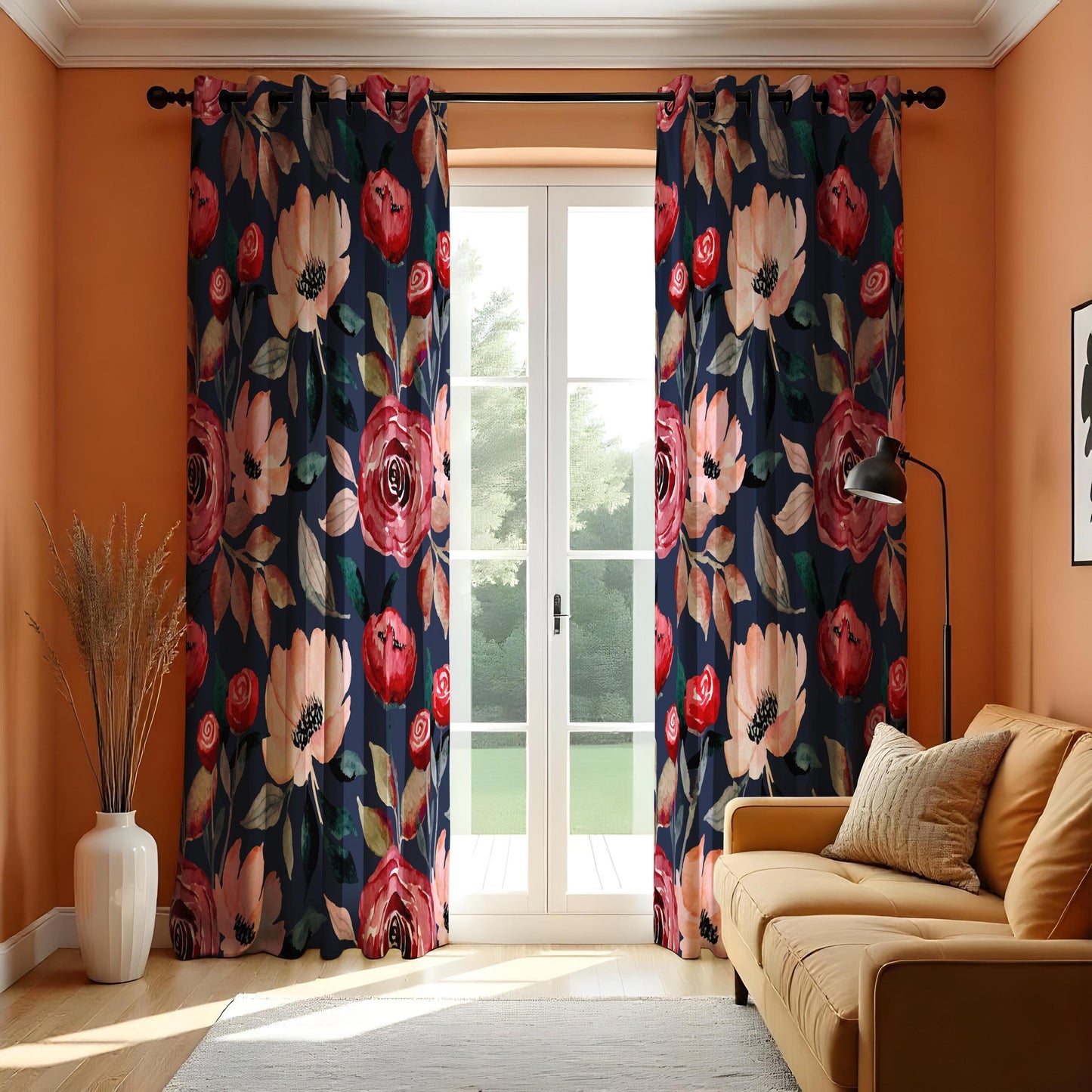 Watercolor Floral Curtains, Navy Blue & Red Romantic Rose Print Drapes
