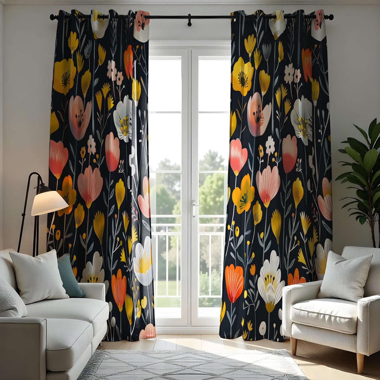 Dark Boho Floral Eyelet Curtains, Navy Blue & Yellow Wildflower Drapes