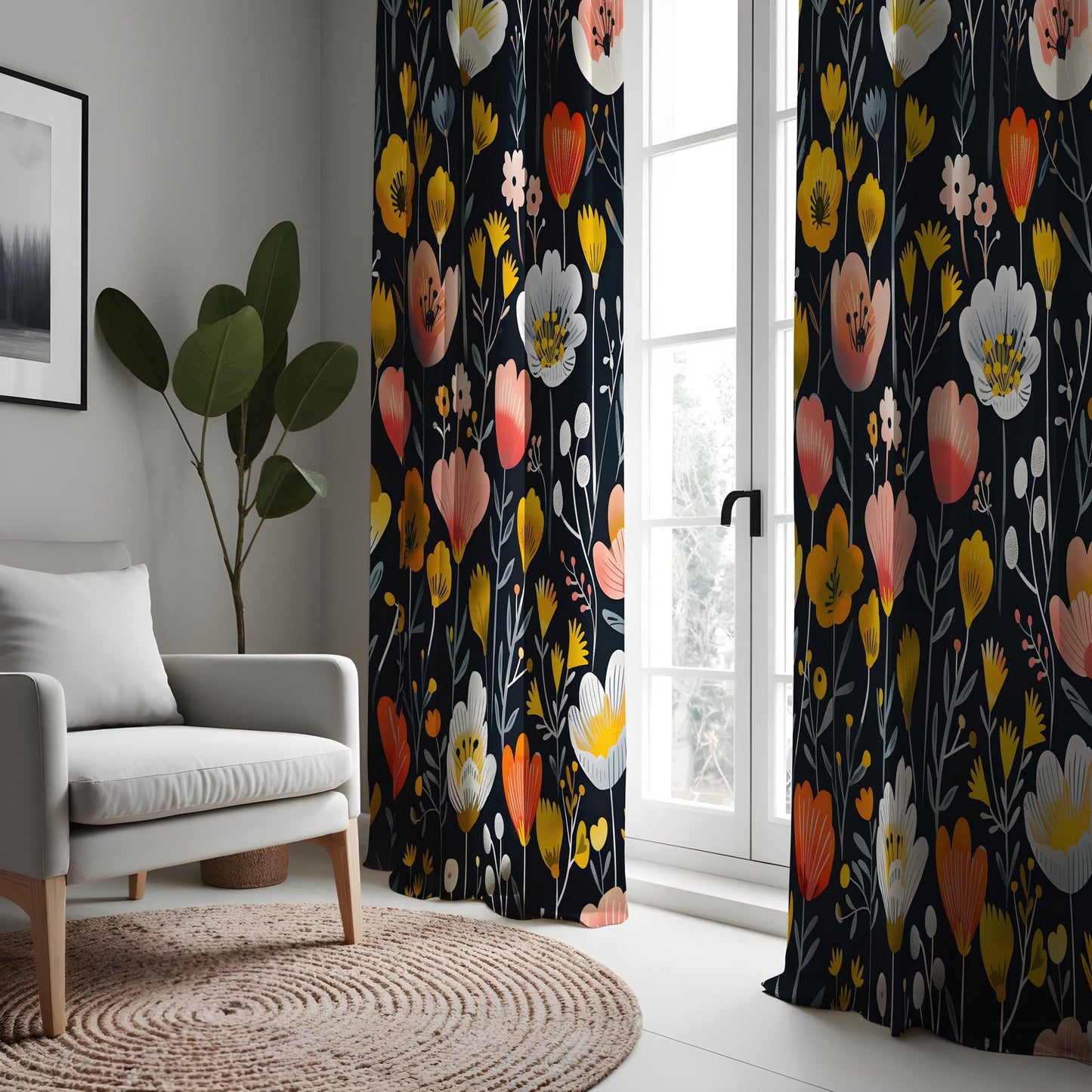 Dark Boho Floral Eyelet Curtains, Navy Blue & Yellow Wildflower Drapes