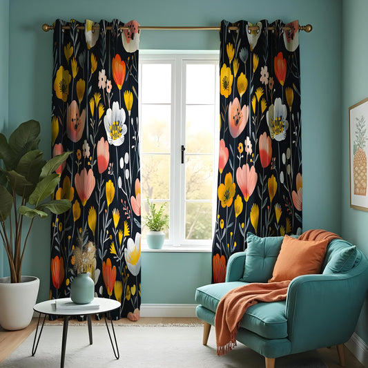Dark Boho Floral Eyelet Curtains, Navy Blue & Yellow Wildflower Drapes