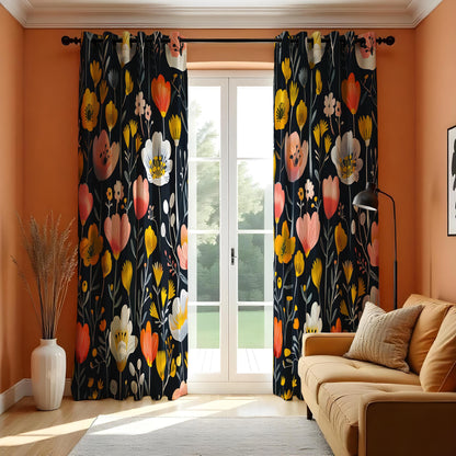 Dark Boho Floral Eyelet Curtains, Navy Blue & Yellow Wildflower Drapes