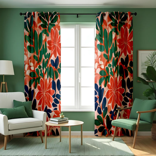 Bold Tropical Floral Curtains, Vibrant  Botanical Print Drapes