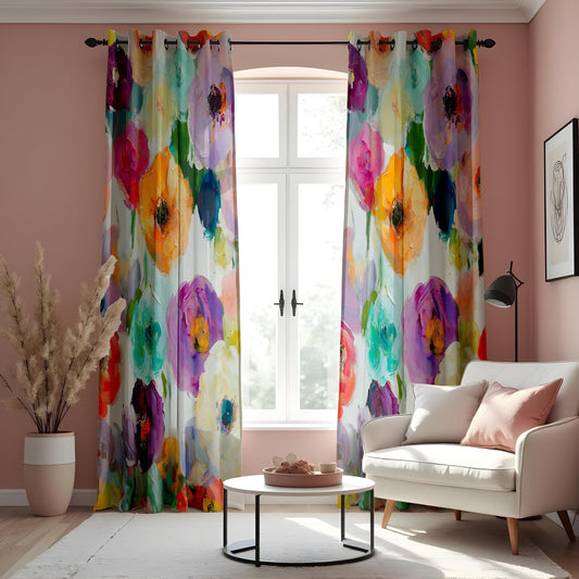Watercolor Floral Curtains, Vibrant Multicolor Flower Print Drapes
