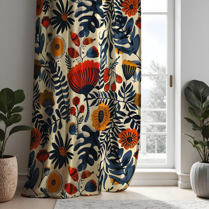 Bold Botanical Curtains, Navy Blue & Orange Floral Print Drapes