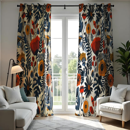 Bold Botanical Curtains, Navy Blue & Orange Floral Print Drapes