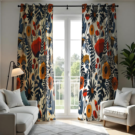 Bold Botanical Curtains, Navy Blue & Orange Floral Print Drapes