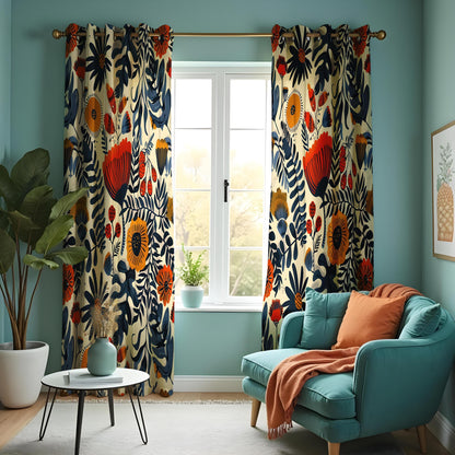 Bold Botanical Curtains, Navy Blue & Orange Floral Print Drapes