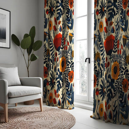 Bold Botanical Curtains, Navy Blue & Orange Floral Print Drapes