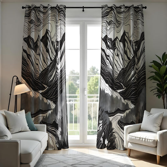 Black & White Mountain Landscape Curtain, Abstract Nature Design Drape