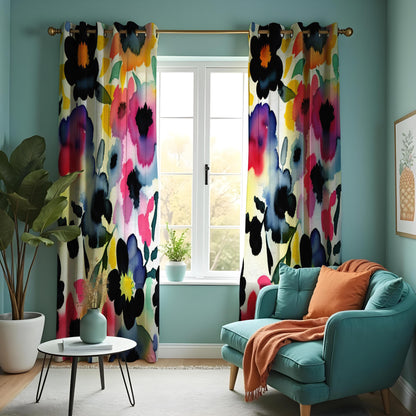 Vibrant Floral Watercolor Curtain, Abstract Floral Drape