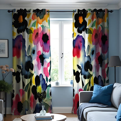 Vibrant Floral Watercolor Curtain, Abstract Floral Drape