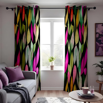 Vibrant Abstract Leaf Print Curtain, Bold Multicolor Watercolor Design