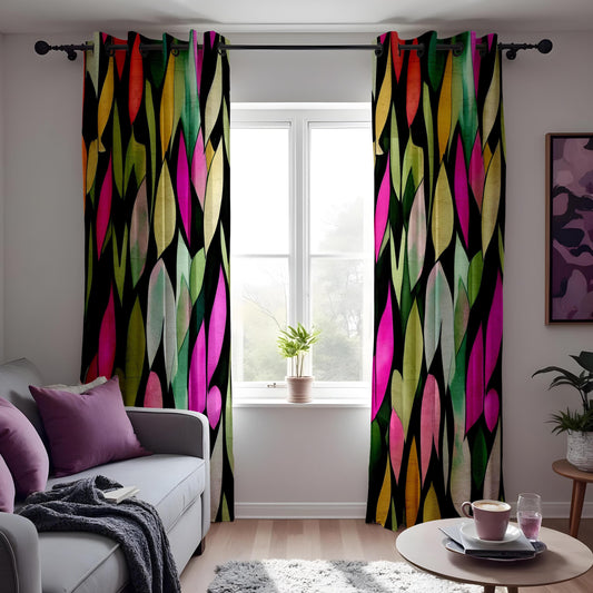 Vibrant Abstract Leaf Print Curtain, Bold Multicolor Watercolor Design