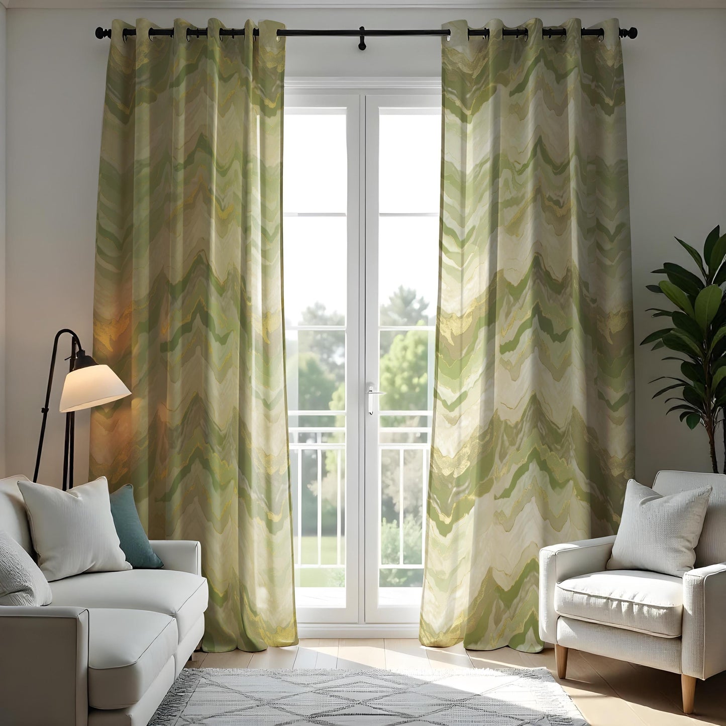 Soft Green Marble Print Curtain, Abstract Wavy Drape Yellow Accents