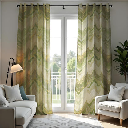 Soft Green Marble Print Curtain, Abstract Wavy Drape Yellow Accents