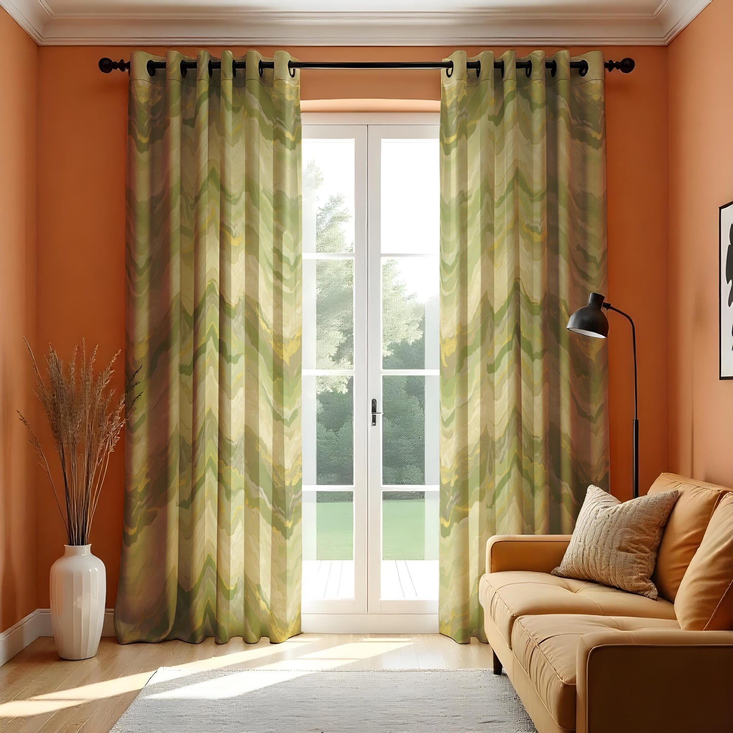 Soft Green Marble Print Curtain, Abstract Wavy Drape Yellow Accents