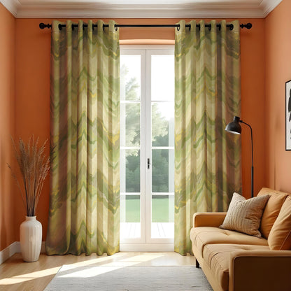 Soft Green Marble Print Curtain, Abstract Wavy Drape Yellow Accents