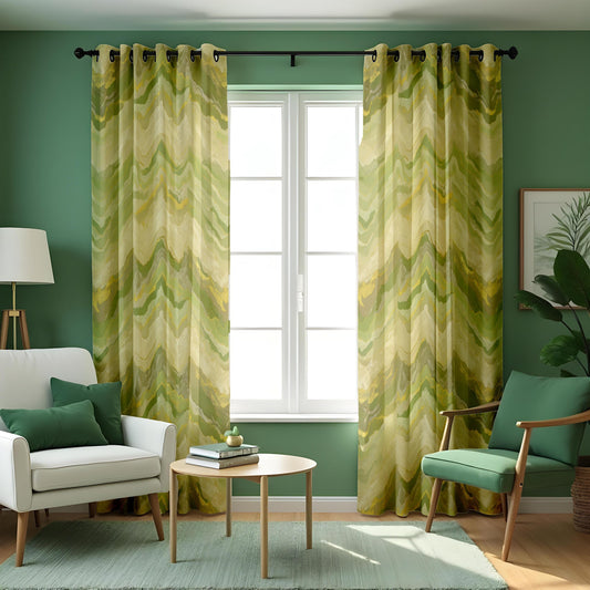 Soft Green Marble Print Curtain, Abstract Wavy Drape Yellow Accents