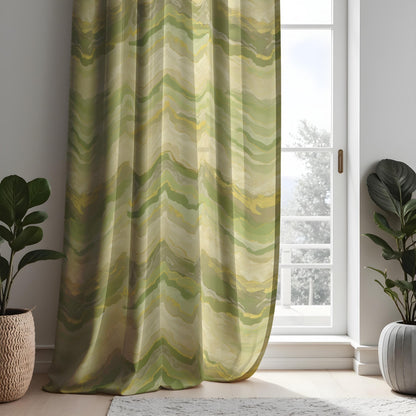 Soft Green Marble Print Curtain, Abstract Wavy Drape Yellow Accents